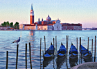 A watercolour painting of San Giorgio Maggiore, gondolas and seagull at dawn, Venice by Margaret Heath RSMA.